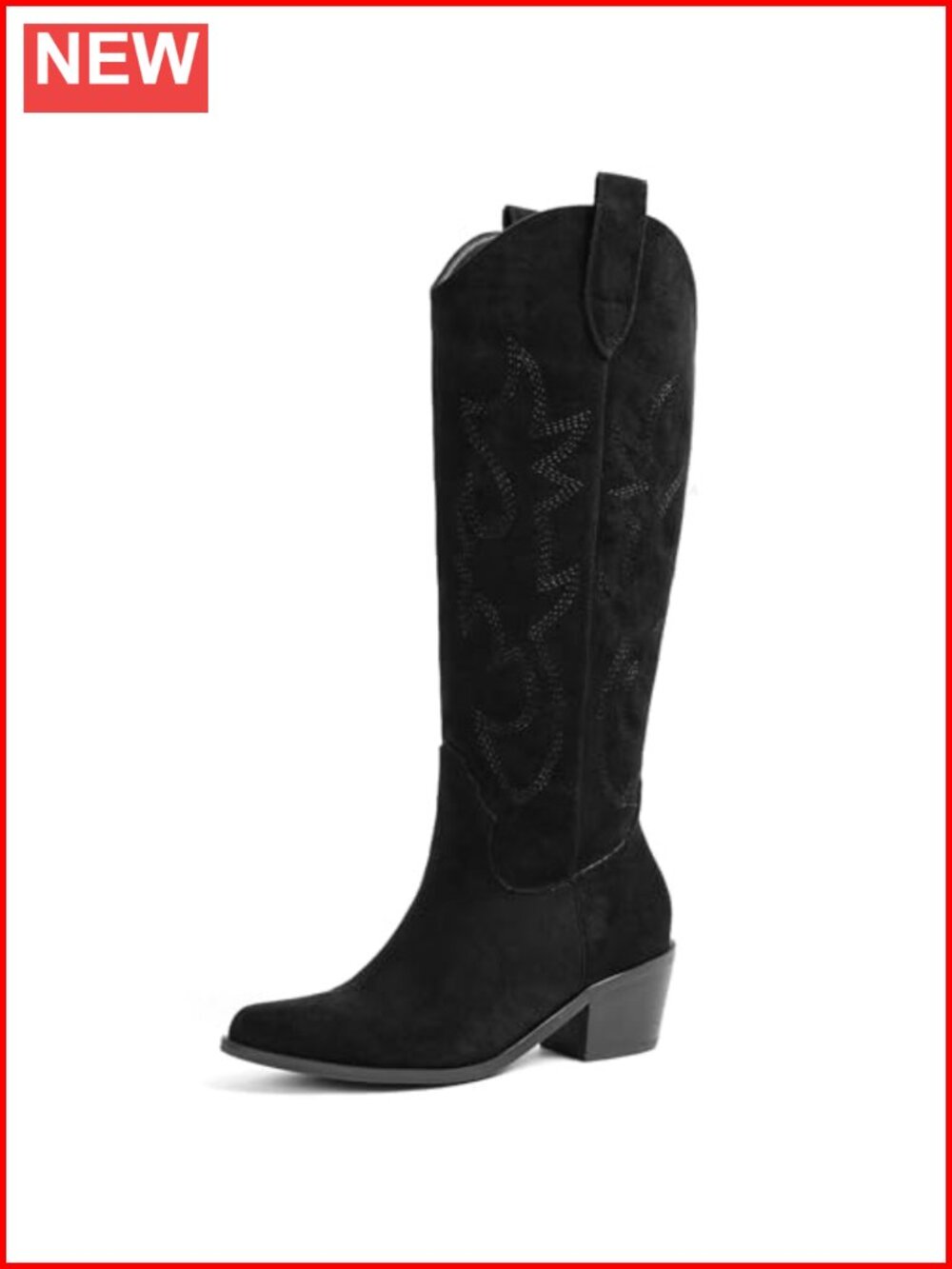Embroidered Pull-On Knee High Western Cowgirl Boots Vegan Leather Block Heel